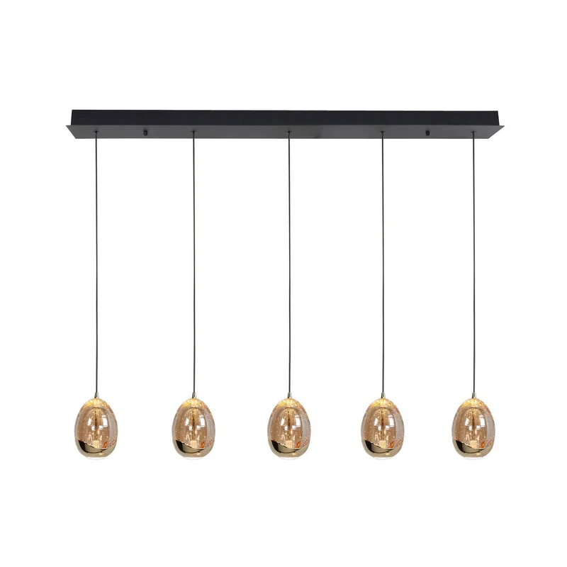 Hanglamp Golden Egg, amber/goud, lengte 107 cm, 5-lamps glas fra Highlight i Amber-transparant, Sort, Guld – produktbillede