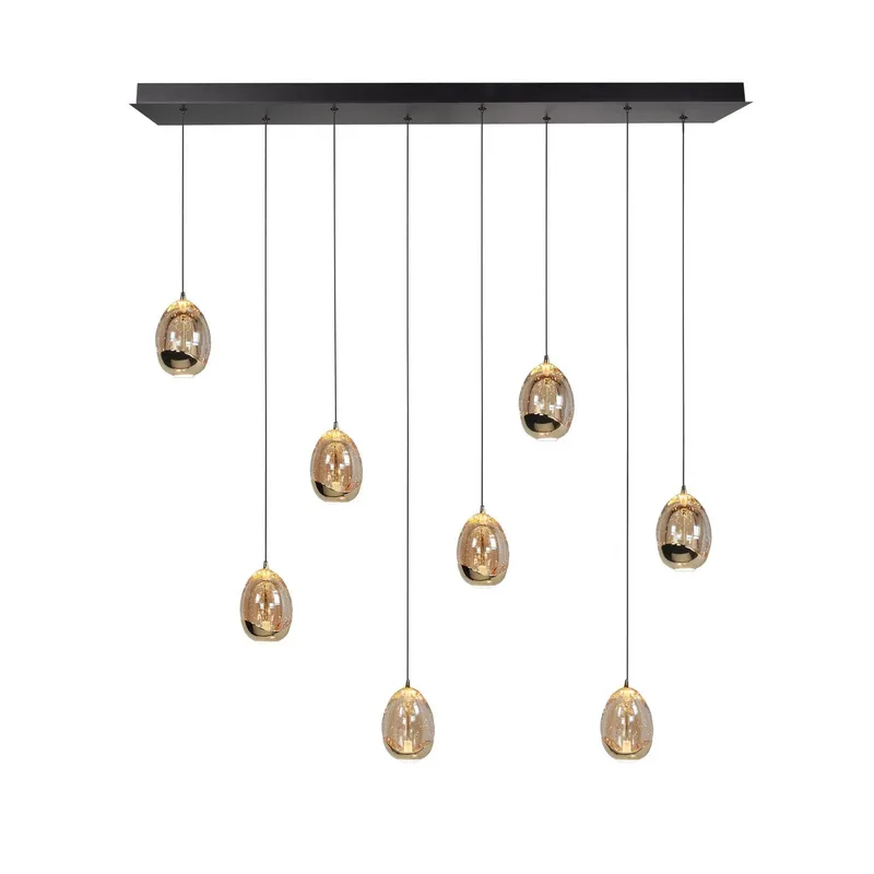 Hanglamp Golden Egg, amber/goud, lengte 115 cm, 8-lamps glas de Highlight en Amber-transparant, Noir, Or – photo produit