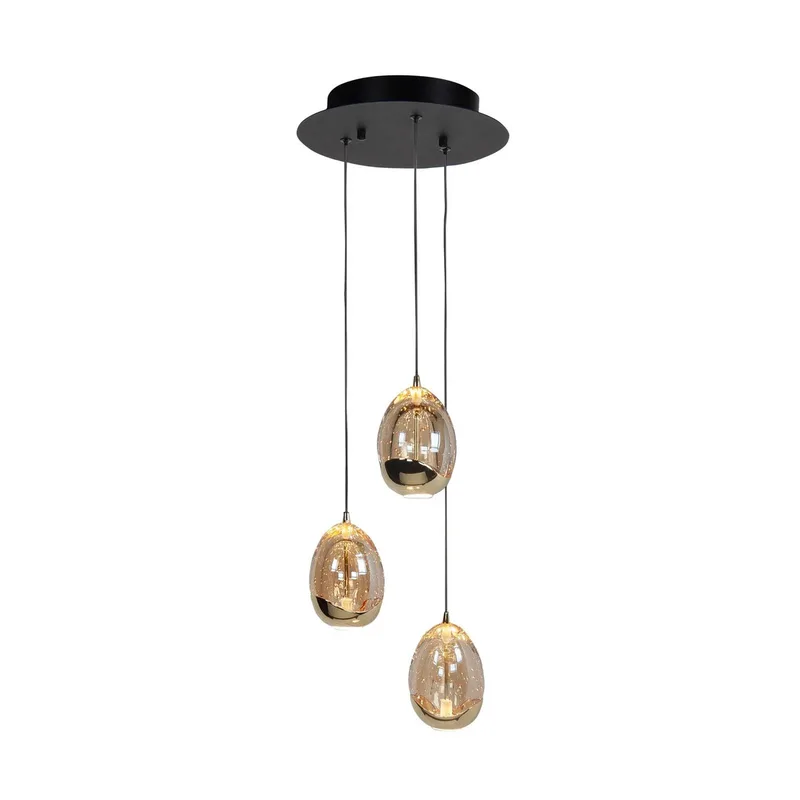 Hängelampe Golden Egg, amber/gold Ø 25 cm 3-flg. Glas/Metall von Highlight in Amber-transparant, Schwarz, Gold – Produktfoto