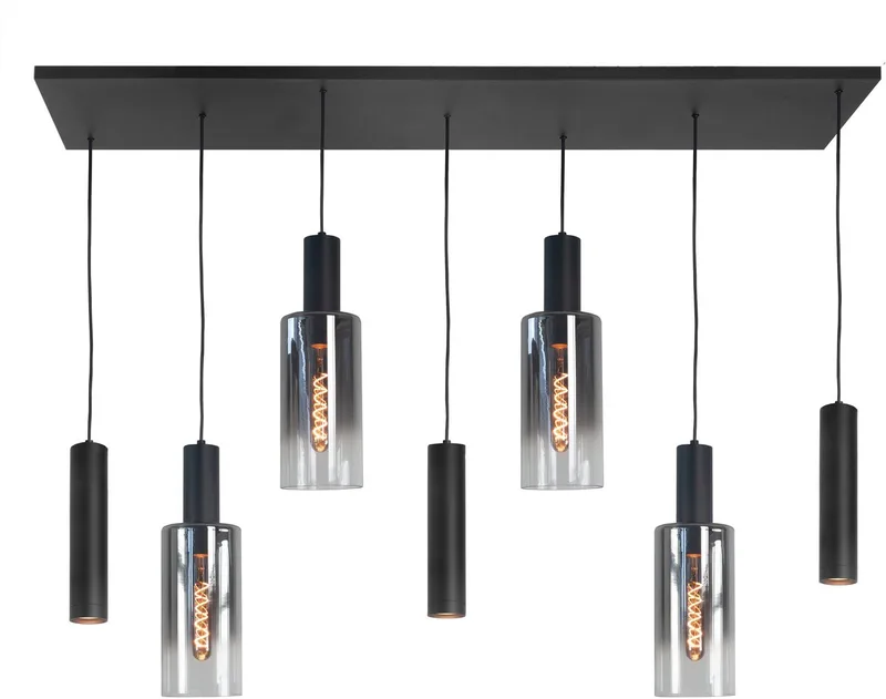 Hanglamp Perugia 4+3 lichts L 130 cm zwart rook de Highlight en Chrome, Noir – photo produit