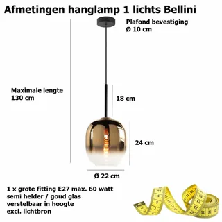 Moderne hanglamp Bellini | 1 lichts | goud / zwart | glas / metaal | in hoogte verstelbaar tot 130 de Highlight – photo produit 3 sur 3