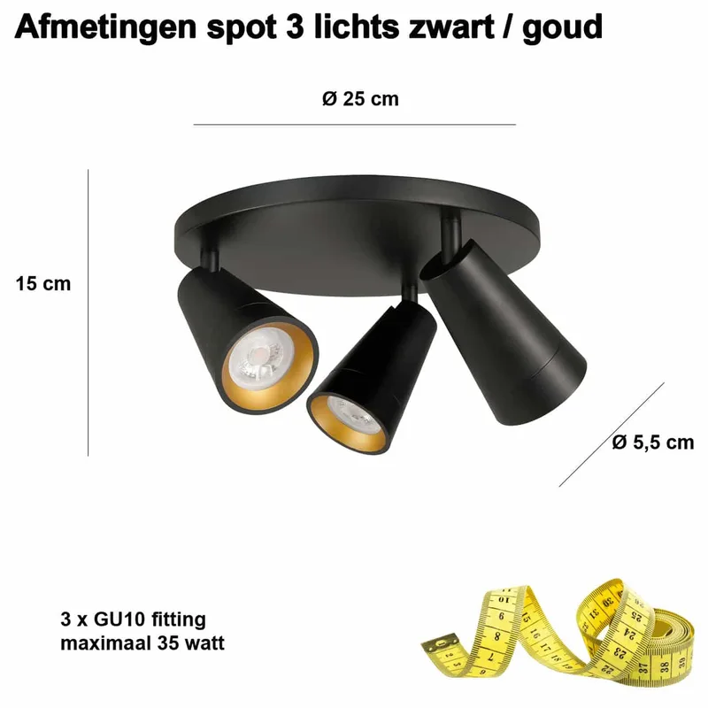 Moderne spot Petunia | 3 lichts | zwart / goud | kunststof / metaal | Ø 25 cm | Ø 5,5 cm | hal van Highlight – productfoto 3 van 3