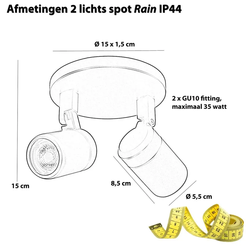 Opbouwspot badkamer | 15 cm | Rain spots IP44 | 2 lichts | GU10 | grijs staal | glas en metaal by Highlight – product photo 3 of 3