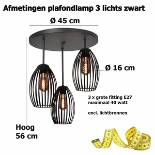 Plafondlamp | 45 cm | Gabbia | 3 lichts | E27 | zwart | metaal | modern landelijk trendy fra Highlight – produktbillede 3 af 3