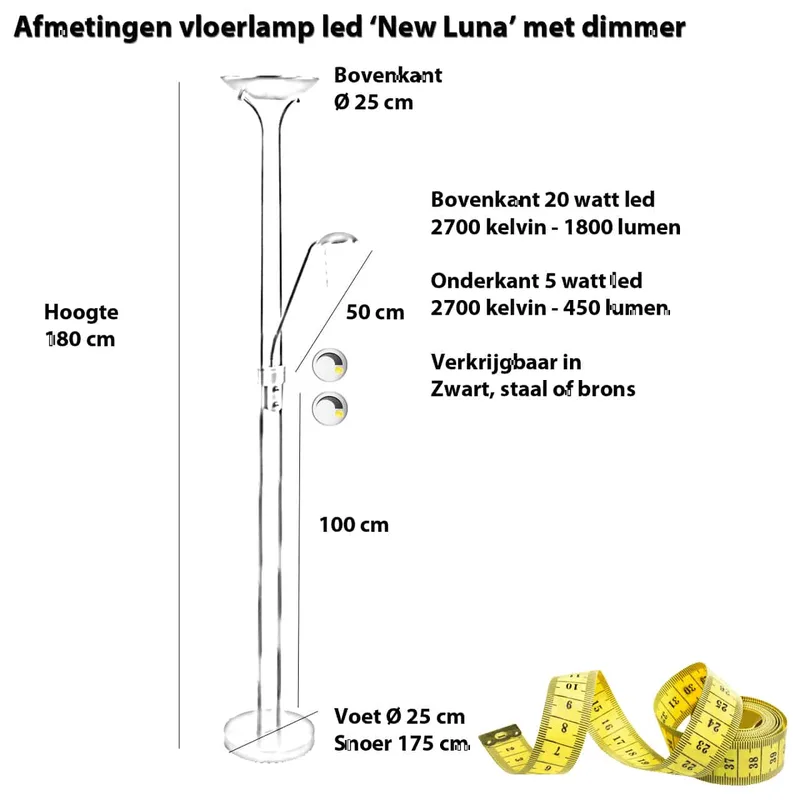 Vloerlamp | 25 cm | New Luna vloerlampen | 2 lichts | LED | zwart | glas metaal | moderne design de Highlight – photo produit 3 sur 3