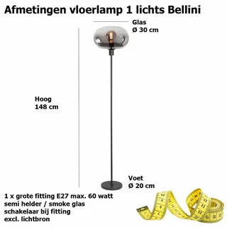 Vloerlamp | 31 cm | Bellini | E27 | smoke zwart | glas metaal | moderne sfeerverlichting von Highlight – Produktfoto 3 von 3