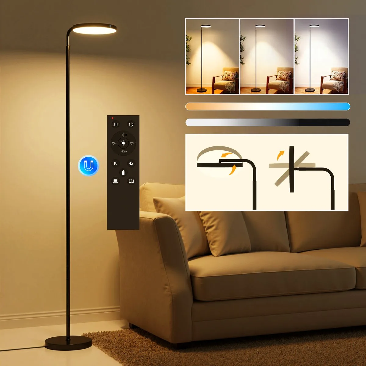 Floor Lamp-Staal, Acryl-41L x 25B x 166-177H cm-Zwart fra Homcom i Sort – produktbillede