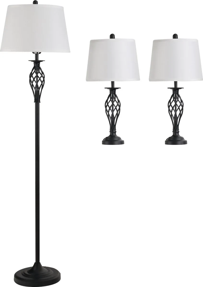 Set van 3 lampen: 2 tafellampen (ø38 x 158 cm) + 1 vloerlamp (ø30 x 62 cm) wit B31-179 de Homcom en Noir, Blanc – photo produit
