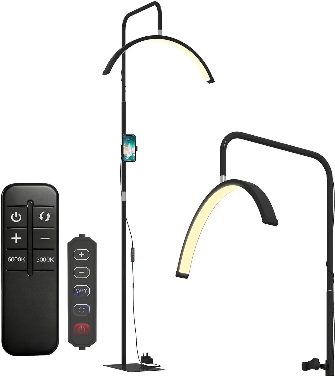 verstelbare LED vloerlamp halve maan - Booglamp, leeslamp met afstandsbediening de Homcom en Noir – photo produit