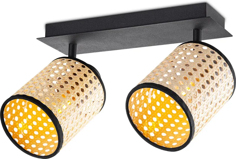 Landelijke LED Opbouwspot Dean rotan - Rotan - 30/10/22cm - 2 lichts plafondspot - metaal - E27 fitting - lampenkap gemaakt van de Home Sweet Home en Natuurlijk – photo produit