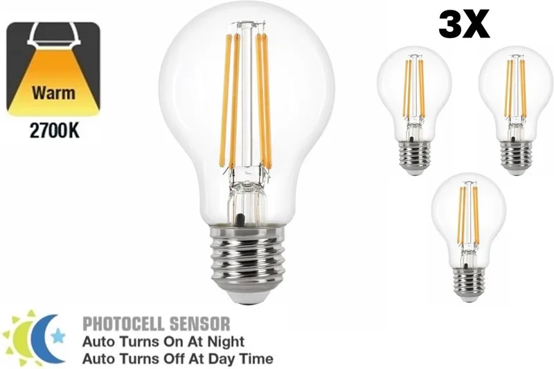 3 PACK - E27 7w Led Filament Lamp, 2700K, 806 Lumen, Dag/Nacht Sensor de Integral LED – photo produit
