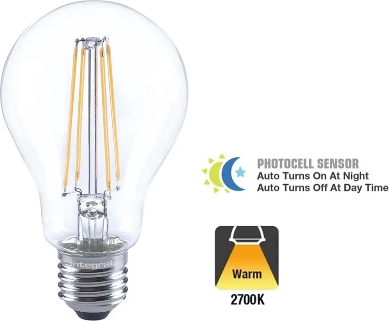 E27 LED lamp - 7 watt - 2700K - 470 lumen - Dag/Nacht sensor - Clear cover - niet dimbaar de Integral LED – photo produit
