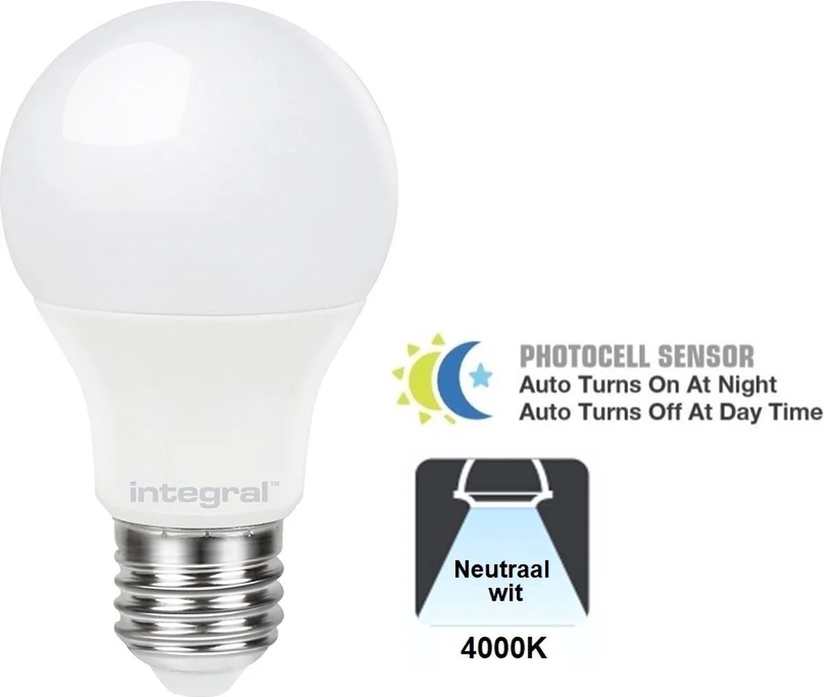 E27 LED lamp - 8 watt - 806 lumen - 4000K - Dag/nacht sensor - niet dimbaar van Integral LED – productfoto