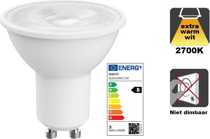 GU10 LED spot - 2,2 watt - 2700K extra warm wit - 350 lumen - Niet dimbaar - Energielabel B fra Integral LED – produktbillede 1 af 2
