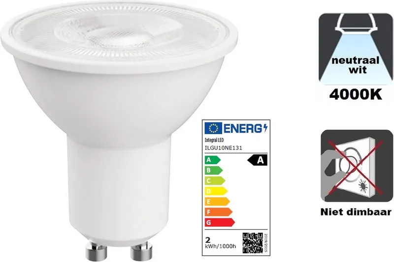 GU10 LED spot - 2 watt - 4000K Neutraal wit - 360 lumen - Niet dimbaar - Energielabel A de Integral LED – photo produit 1 sur 2