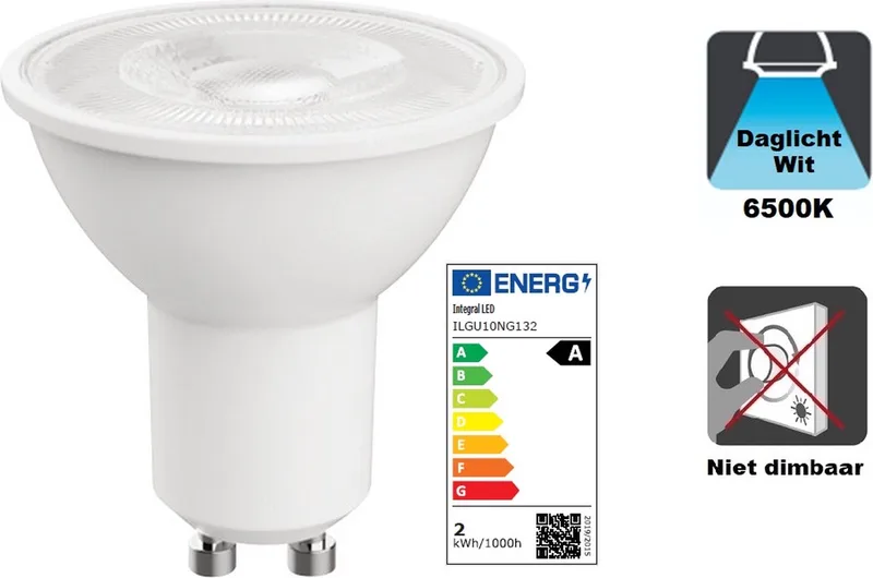 GU10 LED spot - 2 watt - 6500K daglicht wit - 360 lumen - Niet dimbaar - Energielabel A de Integral LED – photo produit 1 sur 2