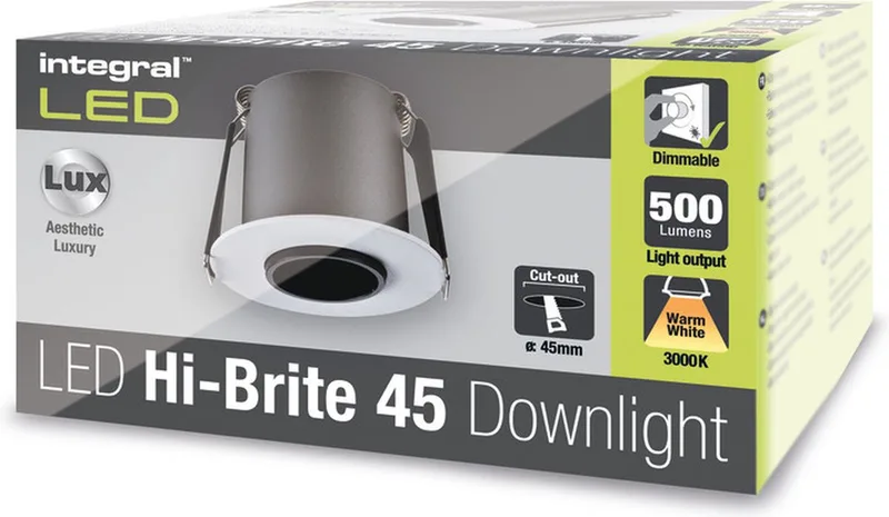 Hi-Brite LED downlight 9W 500lm 3000K 30° Dimbaar | Zaagmaat 4.5cm | Geen fitting | Warm Wit | 9 watt | 60.000 Branduren von Integral LED in Mat wit – Produktfoto