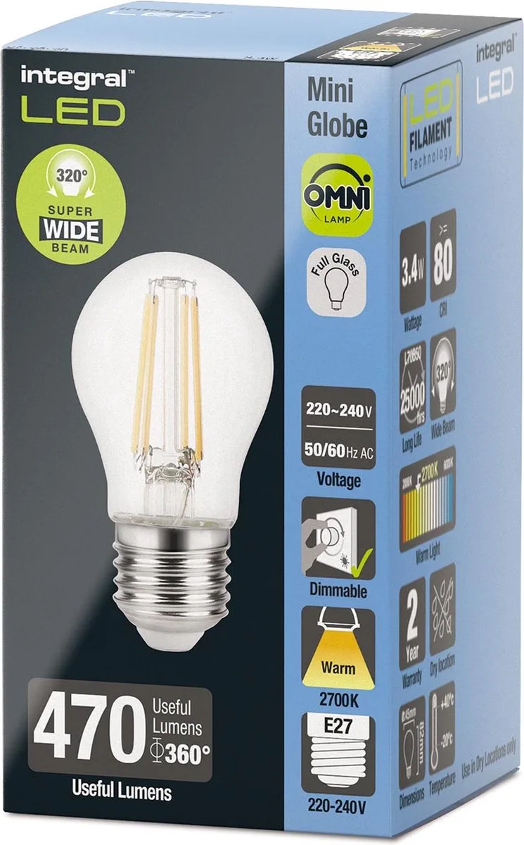 Kogellamp - E27 - 3.4W - Extra Warm Wit - 2700K - Dimbaar - Filament - Helder van Integral LED – productfoto