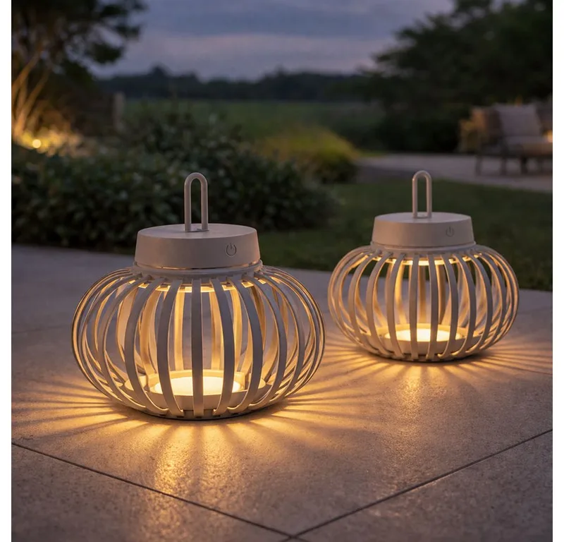 LED Außen-Tischleuchte, LED-Leuchtmittel fest verbaut, Warmweiß, 2x Tischlampe Pendelleuchte Außen Innen LED Touchdimmer sand D 25 cm fra Just Light – produktbillede