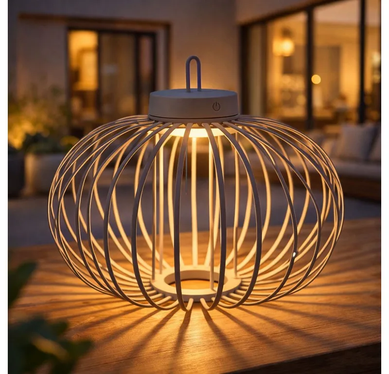 LED Außen-Tischleuchte, LED-Leuchtmittel fest verbaut, Warmweiß, Tischleuchte Pendellampe LED Akku Bambus greige USB Touchdimmer de Just Light en Beige – photo produit