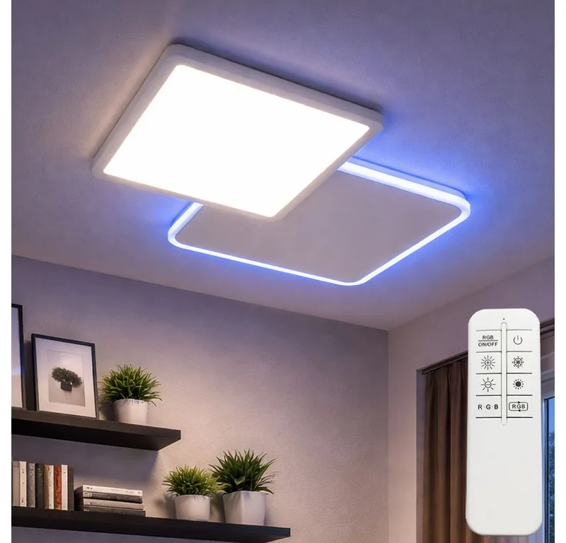 LED Deckenleuchte, LED-Leuchtmittel fest verbaut, Kaltweiß, Warmweiß, Neutralweiß, Tageslichtweiß, Farbwechsel, LED Deckenleuchte Farbwechsel rechteckig Deckenlampe dimmbar de Just Light en Argent – photo produit
