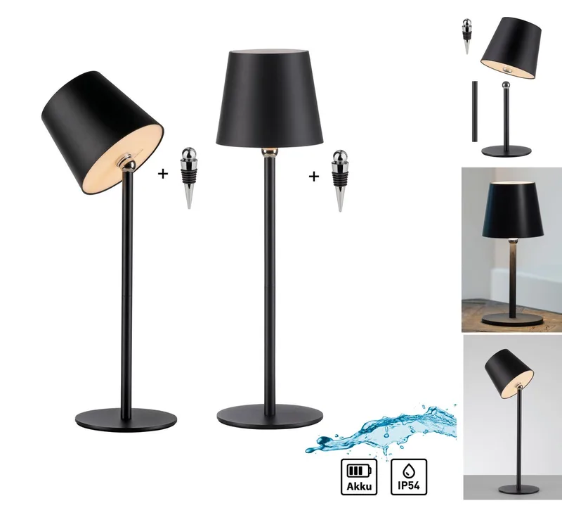 LED Tischleuchte BOTERIA - Set 2 Stück, inkl. Flaschenaufsatz, Memoryfunktion, LED fest integriert, Warmweiß, Akkubetrieben, aufladbar, magnetisch, dimmbar, In- und Outdoor de Just Light en Noir – photo produit