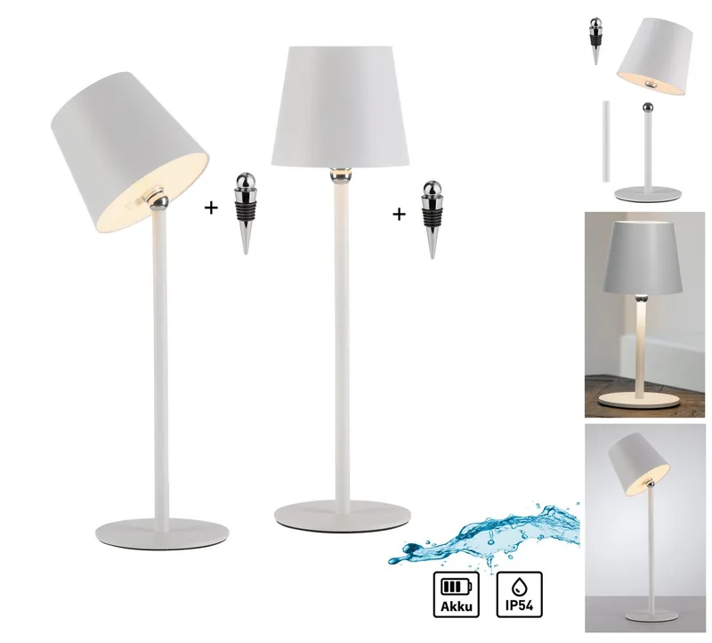 LED Tischleuchte BOTERIA - Set 2 Stück, inkl. Flaschenaufsatz, Memoryfunktion, LED fest integriert, Warmweiß, Akkubetrieben, aufladbar, magnetisch, dimmbar, In- und Outdoor de Just Light en Blanc – photo produit