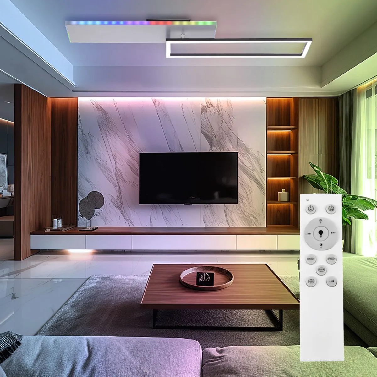 Plafondlamp dimbaar woonkamerlamp regenboog nachtlamp plafondlamp afstandsbediening LED, geheugen, 1x LED 31W 2200lm 2700-5000 Kelvin, LxBxH 91x56x6 cm von Just Light in Schwarz – Produktfoto