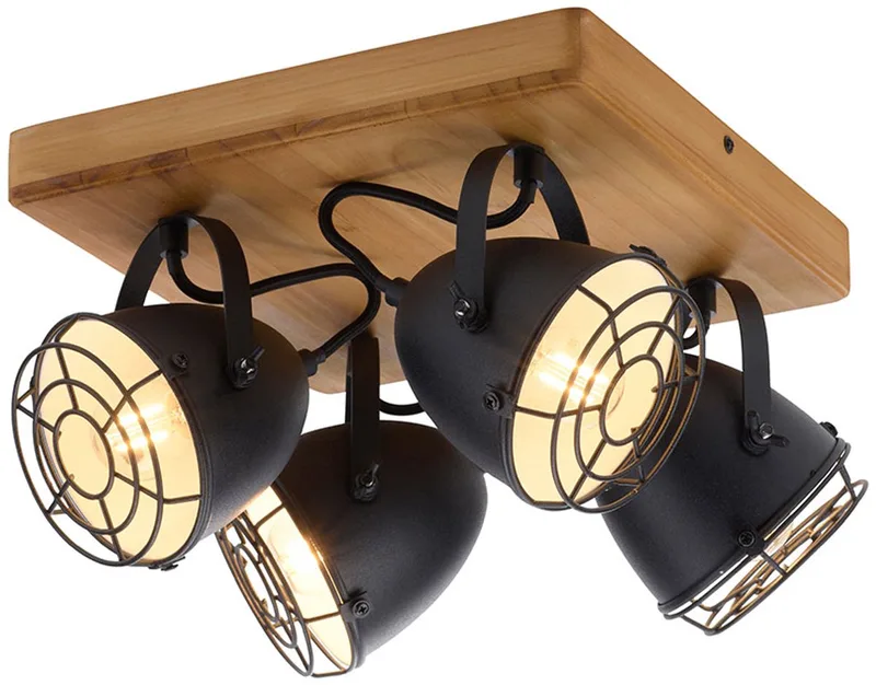 Plafondlamp plafondspot 4-lichts woonkamerlamp landhuis houten lamp, zwenkbare spot, mat metaal, 4x E14 fitting, LxBxH 31x31x20 cm de Just Light en Noir – photo produit