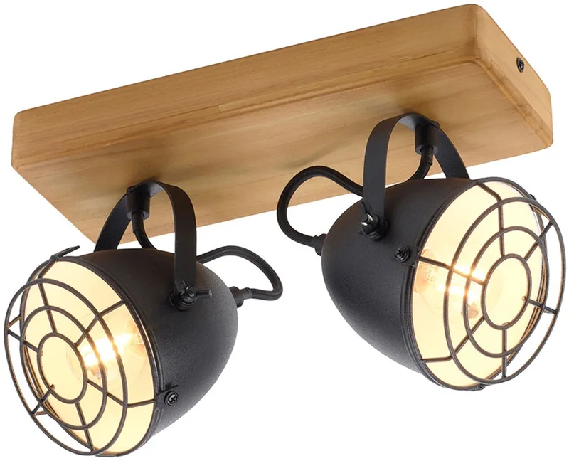 Plafondlamp spot zwart slaapkamerlamp 2-lichts landhuis houten lamp, zwenkbare spot, mat metaal, 2x E14 fitting, LxBxH 30,5x17x20 cm by Just Light in Brown – product photo