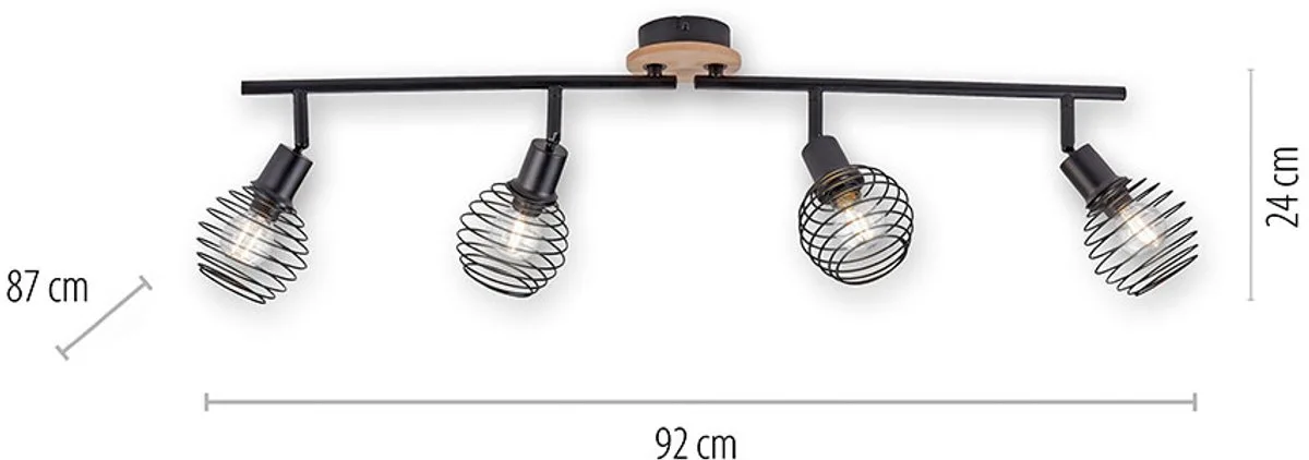 Plafondspot 4 vlammen zwarte spots Plafondlamp Zwenkbaar, houten accent, kooikappen, 4x E14 stopcontacten, L 92 cm de Just Light en Noir – photo produit
