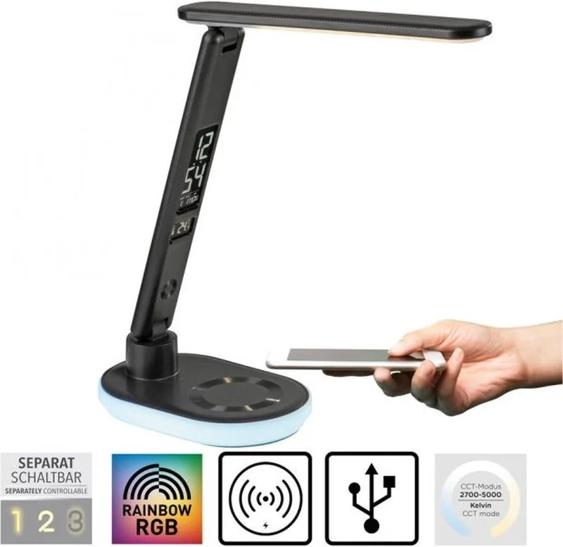 Tafellamp Tina 3 Step Touch-dimmer incl. Draadloze Laadfunctie de Just Light en Noir – photo produit