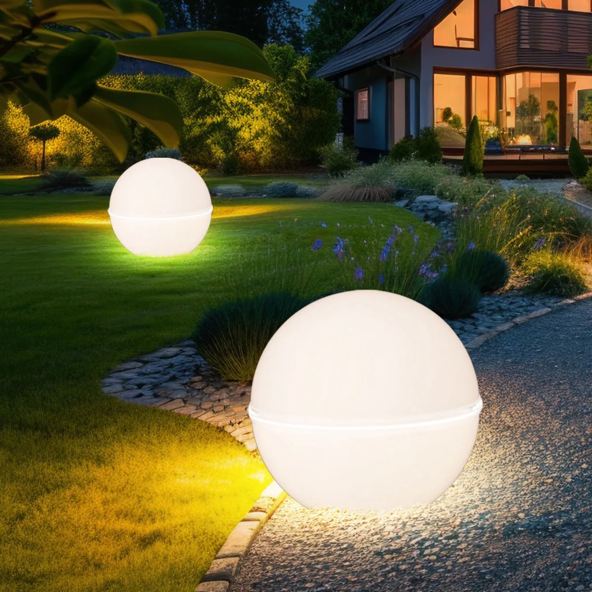 Tuindecoratie grondspies tuinlamp bollamp insteeklamp terraslamp bollamp buitenlamp, 5m snoer + stekker, kunststof zwart, E27,DxH 40x71 cm, set van 2 de Just Light en Blanc – photo produit