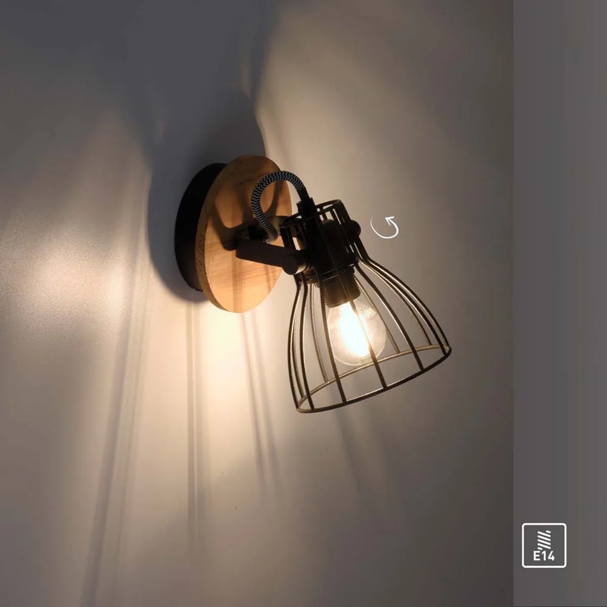 Wandlamp Leeslamp Industrieel Bedlamp Houten rasterlamp Verplaatsbaar fra Just Light i Sort – produktbillede