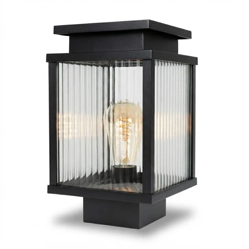 sokkellamp - Leicester 2 - tuinlamp - aluminium - 30cm - E27 - geribbeld glas - buitenverlichting fra KS Verlichting i Sort – produktbillede
