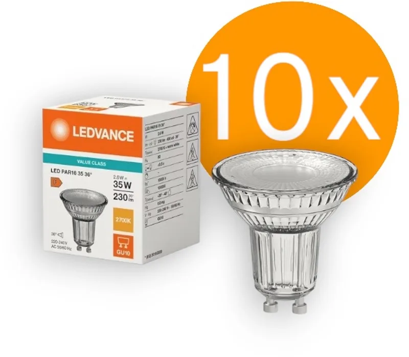 10 stuks | OP=OP Ledvance LED GU10 2.6W/827 36º 230lm Niet-Dimbaar Ø5cm | GU10 50mm | Extra Warm Wit | 2.6 watt | 15.000 Branduren fra LEDVANCE – produktbillede