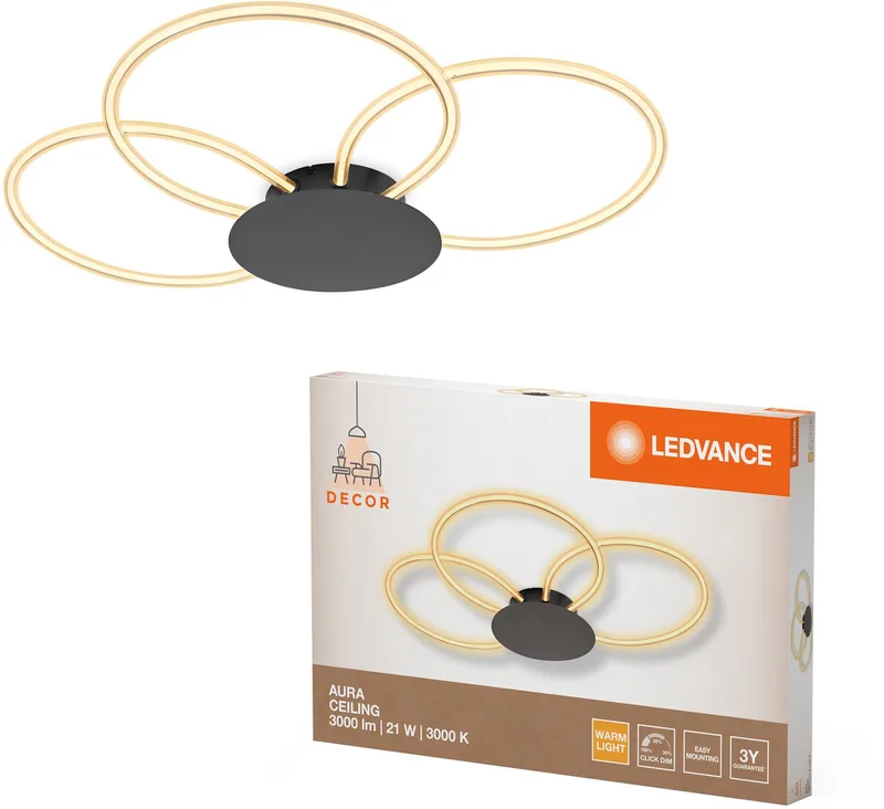Decor Aura plafondlamp van gebogen polycarbonaat met LED en filamentontwerp, 21 W, 2200 lm, 3000 K, 830 warm wit, click dimbaar, donkergrijs, kunststof (PC), IP20 de LEDVANCE en Gris – photo produit