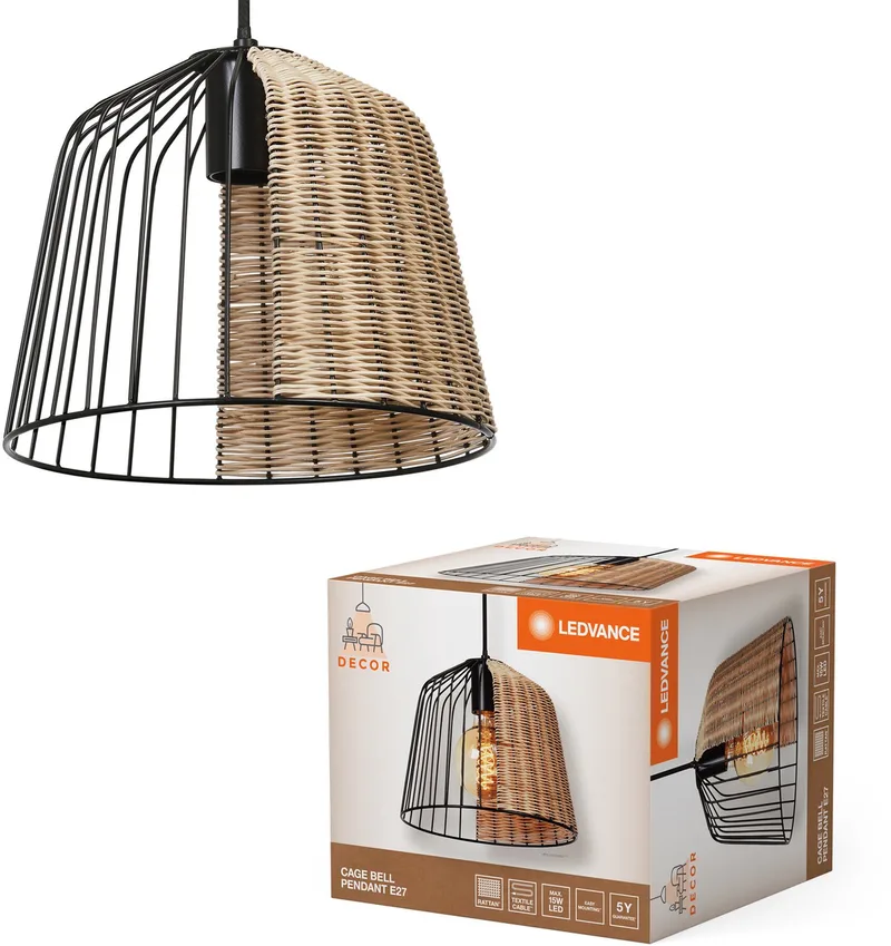 Decor Cage Bell hanglamp in industriële stijl, zwart/bruin, kooibehuizing van metaal en rotan, E27-fitting, 260 mm diameter, eenvoudige montage, lichtbron niet inbegrepen. van LEDVANCE in Zwart – productfoto