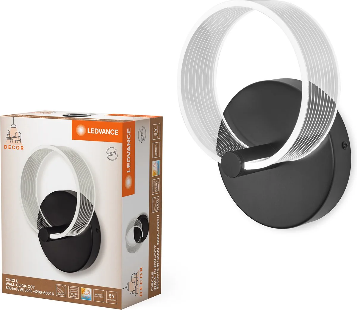 DECOR Circle wandlamp, cirkelvormig, biedt een verlichtingsoptie met 8 watt, met Click CCT-functie voor flexibele aanpassing van de lichtkleur. de LEDVANCE en Noir – photo produit