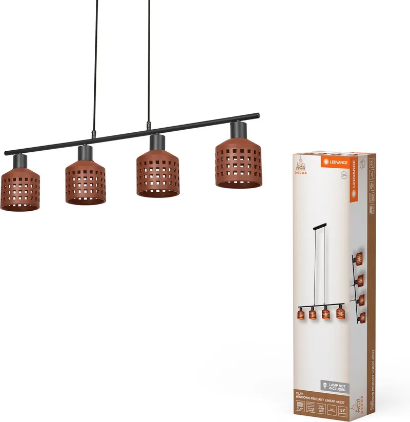 Decor Clay Windows Hanglamp van klei en metaal, met venstervormige lampenkappen in 4-lichts, E27-fitting, voor moderne verlichting, zonder lichtbron van LEDVANCE in Bruin – productfoto