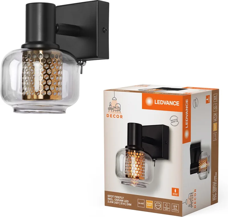 Decor Spot Firefly lamp in industriële stijl, 1 x 2,8 W, 250 lm, 2700 K, behuizing van metaal en glas, E14-fitting, aan/uit-schakelaar, eenvoudige montage, dimbare OSRAM-lamp inbegrepen. van LEDVANCE in Zwart – productfoto