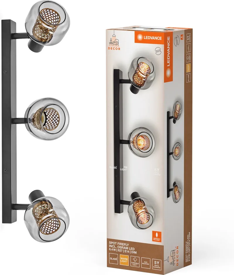 Decor Spot Firefly lamp in industriële stijl, 3 x 2,8 W, 750 lm, 2700 K, behuizing van metaal en glas, E14-fitting, eenvoudige montage, dimbare OSRAM-lamp inbegrepen. de LEDVANCE en Noir – photo produit