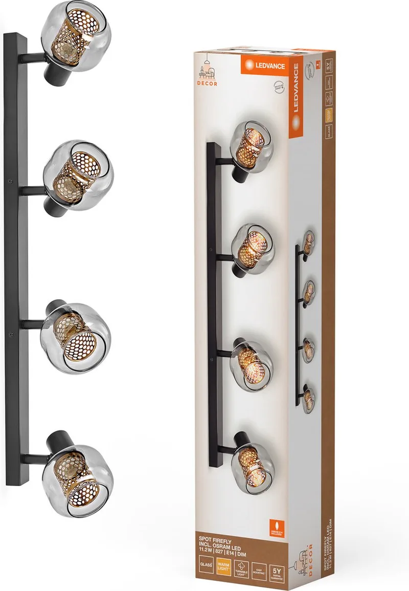 Decor Spot Firefly lamp in industriële stijl, 4 x 2,8 W, 1000 lm, 2700 K, behuizing van metaal en glas, E14-fitting, eenvoudige montage, dimbare OSRAM-lamp inbegrepen. von LEDVANCE in Schwarz – Produktfoto