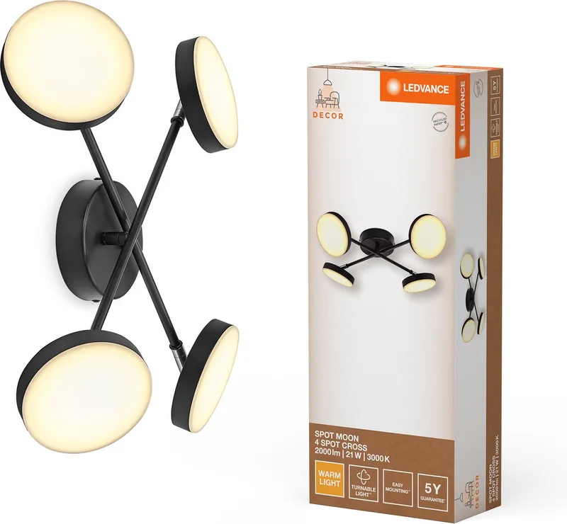 Decor Spot Moon lamp 4 verstelbare lampkoppen gekruist, 21 W, 1120 lm, 3000 K, metalen behuizing, minimalistisch design, eenvoudige installatie, LED niet vervangbaar von LEDVANCE in Schwarz – Produktfoto