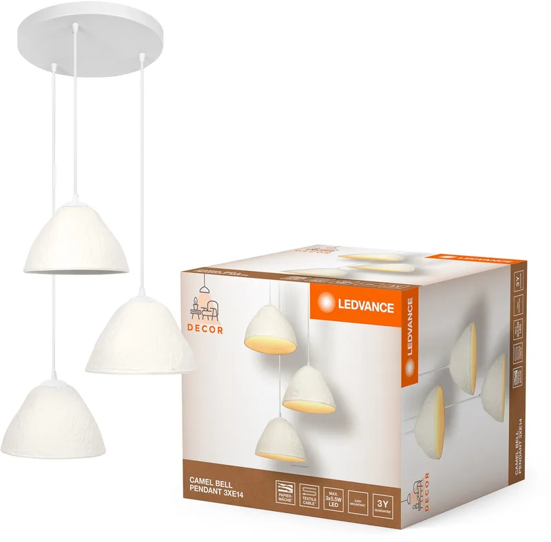 hanglamp 3-lamps Decor Camel Bell van metaal en papier-maché, E14, 437 mm diameter , kap van gerecycled materiaal, duurzaam dankzij vervangbare lichtbron, eenvoudig te installeren de LEDVANCE en Blanc – photo produit