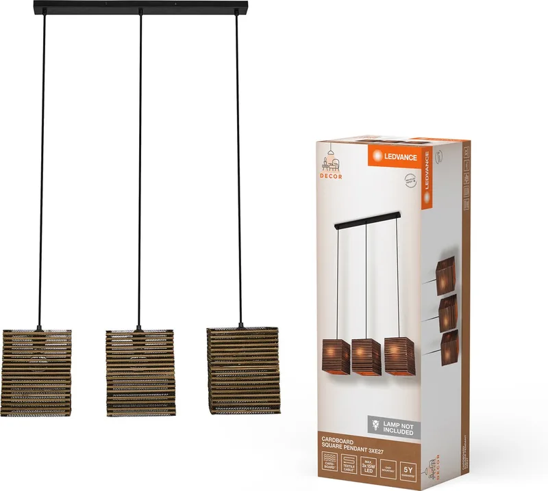 hanglamp 3-lamps Decor Cardboard Vierkant van golfkarton, E27, 830 mm lengte, lampenkap van gerecycled materiaal, duurzaam dankzij vervangbare lichtbron, eenvoudig te installeren van LEDVANCE in Bruin – productfoto