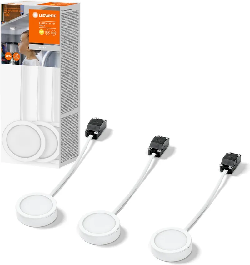 kompakte Spotleuchten als Schrankunterbaubeleuchtung, weiß, 3-teilig mit je 65mm Durchmesser, modernes und schlankes Design, 3x3W, 3000K (warmweiß) från LEDVANCE i Vit – produktbild