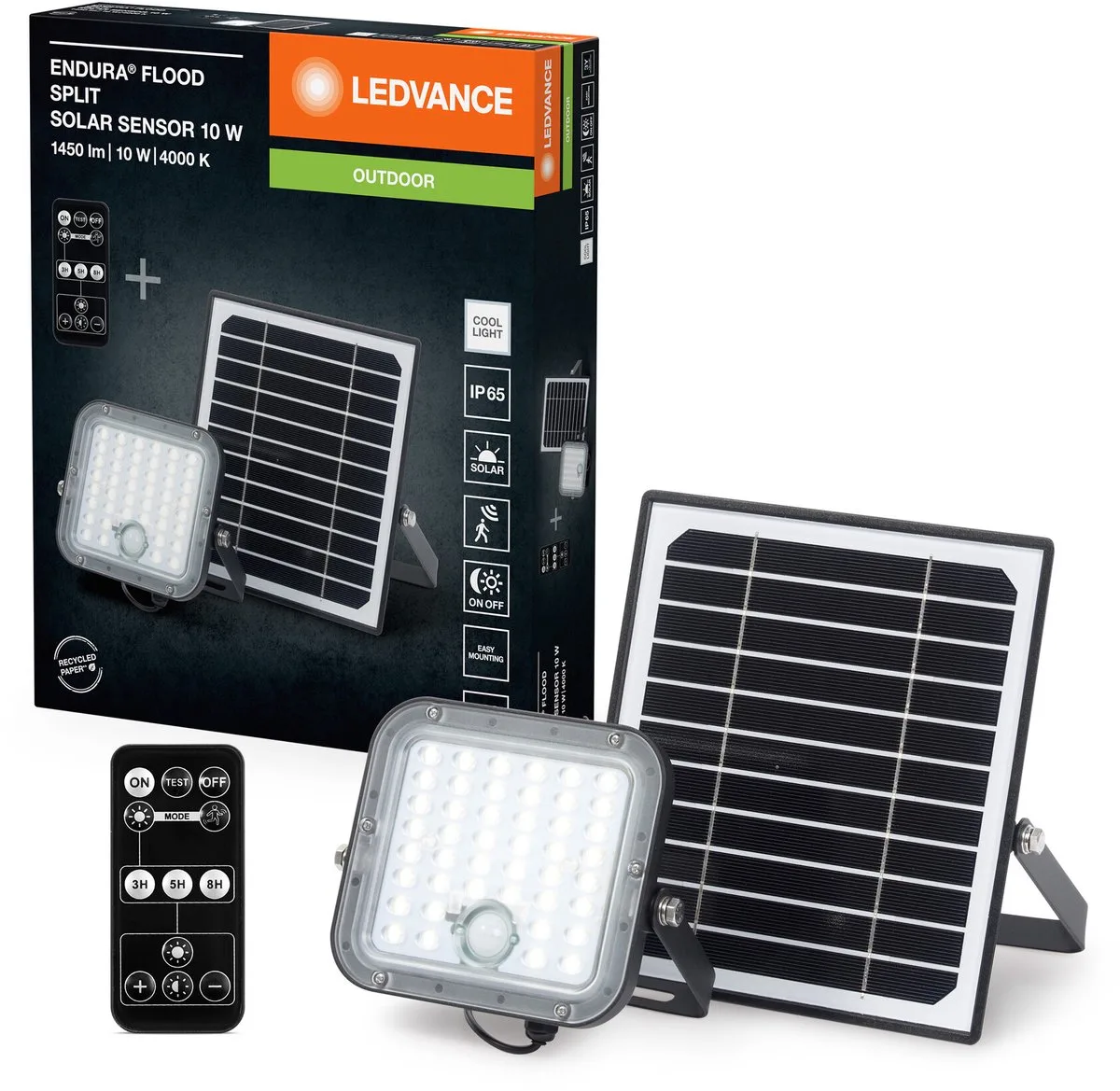 LED solar outdoor light Endura Outdoor black with floodlight and solar panel, 5-metre long cable, with remote control and PIR motion detector, 10 W, 1400 lm, 840, 4000 K light colour, EEK A von LEDVANCE in Schwarz – Produktfoto