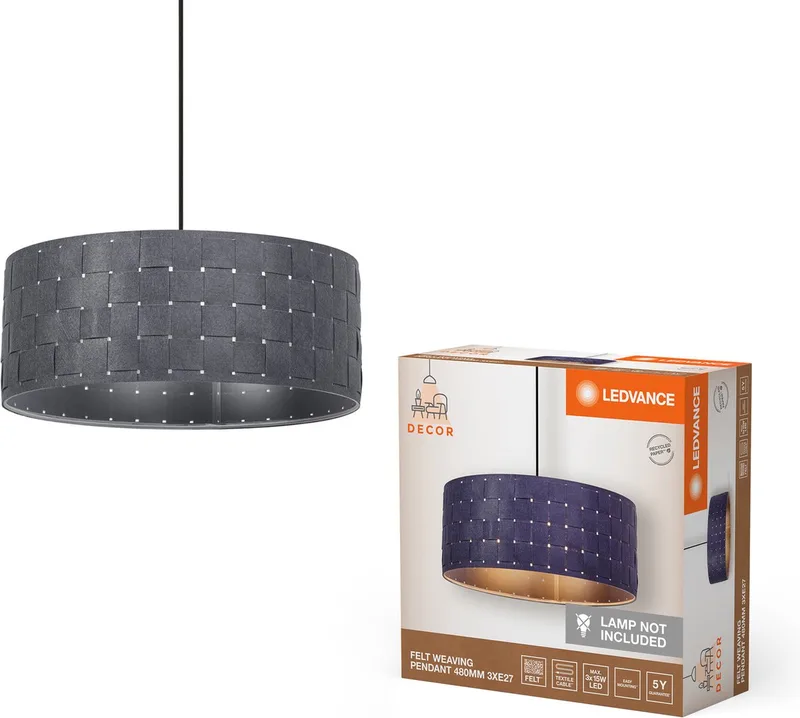 LEDVANCE 3-lamps hanglamp Decor Felt Weaving grijs van vilt en metaal, E27, 480 mm, warme lichteffecten dankzij geweven lampenkap, duurzaam dankzij vervangbare lichtbron, eenvoudig te installeren von LEDVANCE in Dunkelgrau – Produktfoto