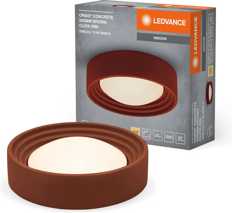 ORBIS Concrete, bruine betonnen plafondlamp met LED, 13W, 800lm, 3000K vriendelijk warm wit, dimbaar in 3 stappen door te klikken, 300mm diameter, IP20 bescherming, geschikt voor badkamers fra LEDVANCE i Brun – produktbillede